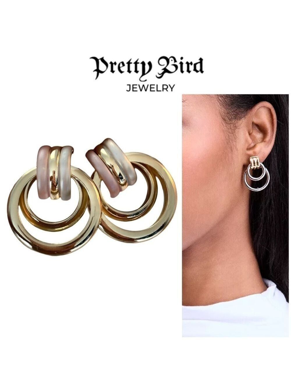 Pretty Bird Jewelry Gold Gray and Pink Triple Hoop Earrings